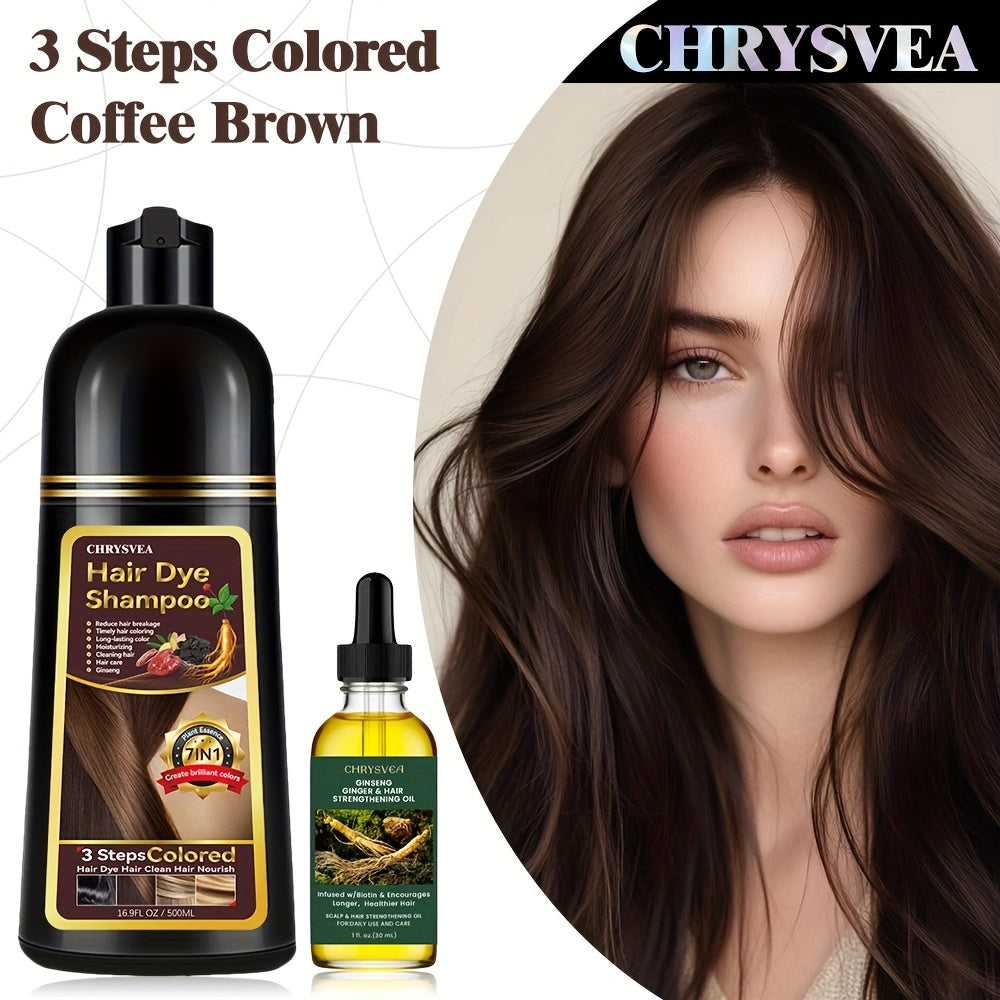 Chrysvea-16.91oz Hair Dye Shampoo And Rosemary Hair Care Essential Oil Combination Hair Dye Set, 7-In-1 Hair Dye Shampoo And 100% White Hair Coverage - Herbal Ingredient Hair Dye Shampoo, Suitable for Both Men And Women, Long-Lasting Coverage