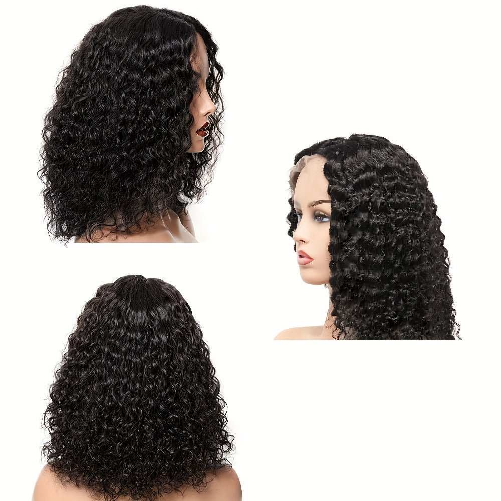 Water Wave Lace Front Wig Deep Curly Short Bob 14 Inch for Women 150% Density Rose Net Cap Adjustable Glueless Black Daily Cosplay Costume Party