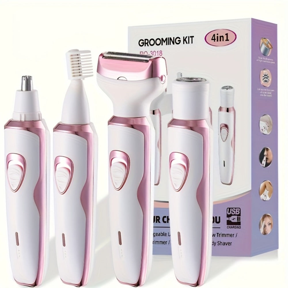 Women'S Electric Shaver, 4-In-1 Rechargeable Contouring Set, Suitable for Face, Nose, Legs And Armpits, Painless Bikini Trimmer, Portable Rechargeable Hair Shaver