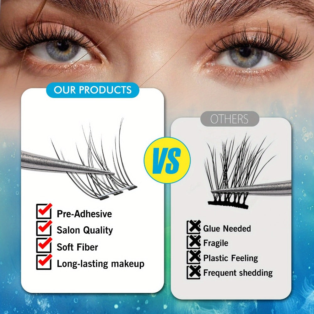 Self Adhesive Lash Clusters No Glue Needed, Lightweight Lashes Clusters Kit, Pre Glued Wispy Cluster Lashes Natural Volume Press On Lashes with 2 Tweezers, Reusable Eyelashes, Beginner Friendly Casual Attire Lashes Fluffy Individual Cluster Eyelashes