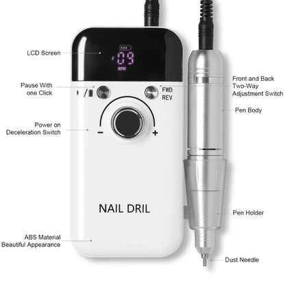 Electric Nail Drill Machine 45000RPM with LCD Display – Rechargeable Low Noise Nail File for Gel Polish Removal, Acrylic Nails & Nail Polishing | Professional Nail Drill for Home & Salon Use