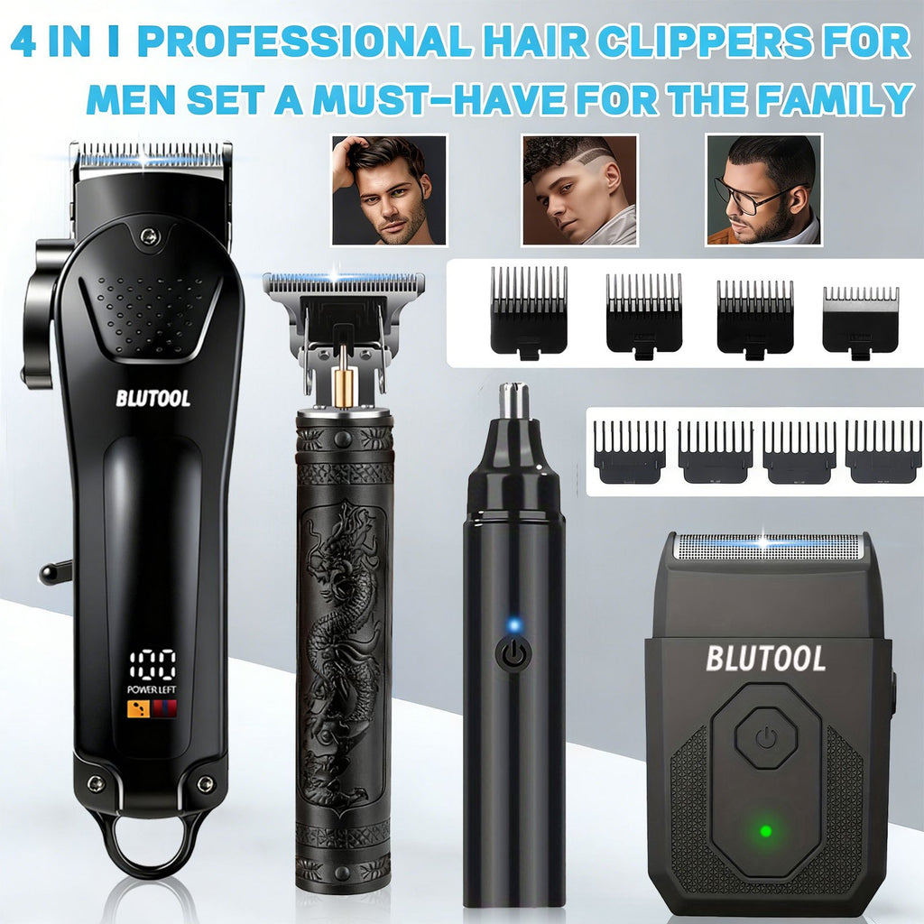 4pcs Professional Barber Clippers and Trimmer Set | Nose Hair Trimmer, Detail Trimmer with Guide Comb, LED Display, USB Powered, Rechargeable Battery, ABS Plastic Housing, Ideal Gift for Husband/Boyfriend/Elders, Home & Travel Use