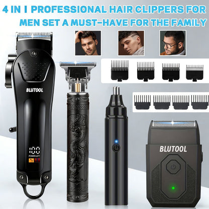 Professional Barber Clipper & Trimmer Set 4-Piece — Hair Clipper, Nose Hair Trimmer & Detail Trimmer with Guide Comb, LED Display, USB Rechargeable, Home & Travel Grooming Gift for Men