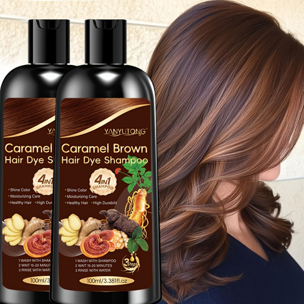 Caramel Brown Hair Dye Shampoo 4-in-1 with Ginseng, Reishi Mushroom & Ginger Extract - Instant Color, Shine, Volume & Smoothness, 3.38oz x 2 Bottles