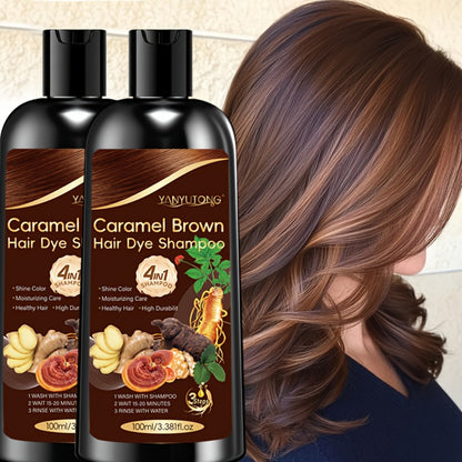 Caramel Brown Hair Dye Shampoo 4-in-1 with Ginseng, Reishi Mushroom & Ginger Extract - Instant Color, Shine, Volume & Smoothness, 3.38oz x 2 Bottles