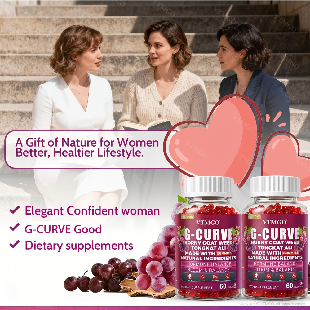 G-CURVE GUMMIES- Rounder, Volumized. Natural Botanical Blend with Maca, Saw Palmetto Berry Powder, Tribulus Terrestris Extract, L-Arginine. It Is A Gift for Women. Life - Confident, Elegant And Beautiful. Grape Flavored (60 Count) (1/2/3 Bottles)