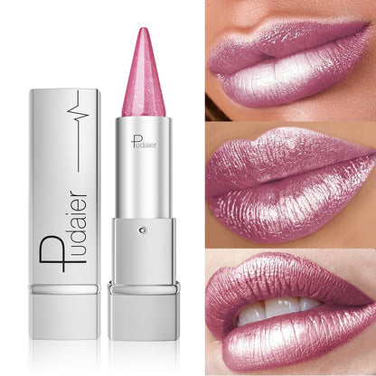 Pearlescent Metallic Lipstick Waterproof 24H Long-Lasting 5 Shades - Sparkle Pearl Finish Non-Fading Non-Stick Cup Hydrating Lip Color Fashion Makeup Women