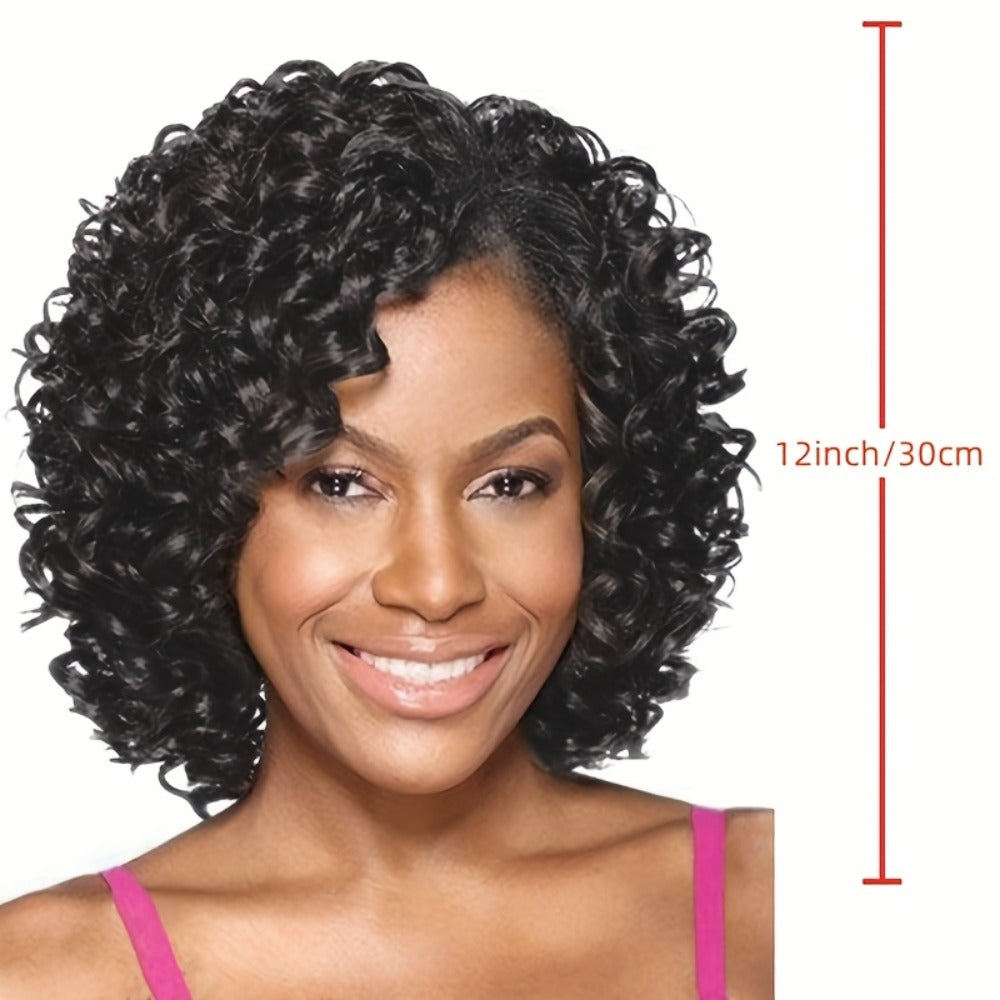 Short Afro Kinky Curly Wig 12 Inch Synthetic Heat Resistant for Women Elastic Cap Black Black Mixed Brown Voluminous Daily Wear Hair Replacement
