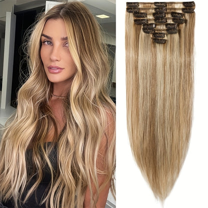 Clip In Human Hair Extensions Straight Remy Hair – 8 Piece Full Head Set with Highlighted Blonde Colors, Natural Seamless Look for Women, 8–24 Inch