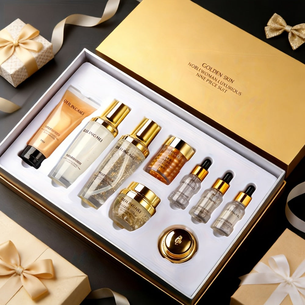 9pcs Golden Luxury Skincare Set, Contains Niacinamide & Collagen for Moisturizing & Firming Face, Choice for Women's Daily Facial Care Premium Gift Kit, Birthday, Holiday Gifts