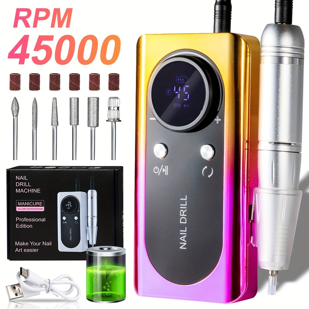 Nail Drill Machine 45000RPM — Portable Rechargeable Electric E-File with LCD Display for Acrylic Gel Polish Natural Nails, Professional High-Speed Cordless Nail Sander for Salon & Home Manicure Pedicure