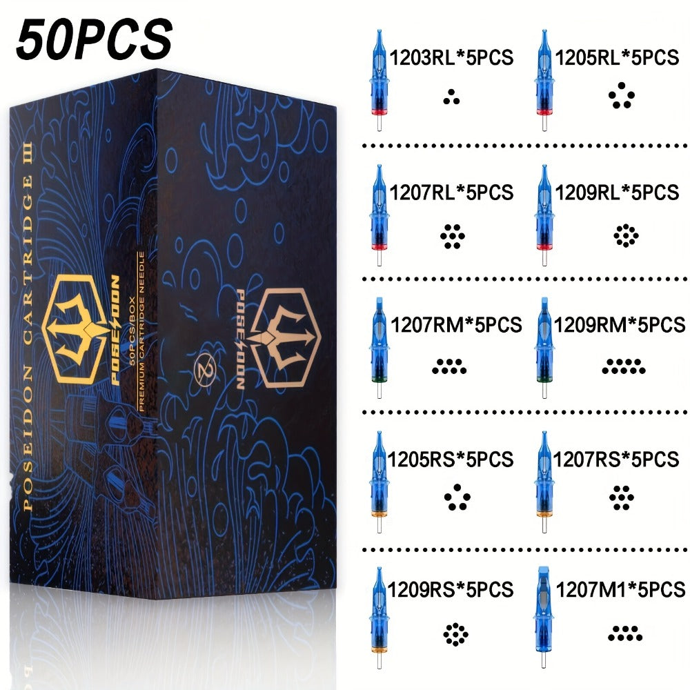 POSEIDON V3 Tattoo Cartridge Needles 50pcs Mixed Size Steriled Needles With Membrane Safety Cartridges-1203RL, 1205RL, 1207RL, 1209RL, 1207RM, 1209RM, 1205RS, 1207RS, 1209RS, 1207M1
