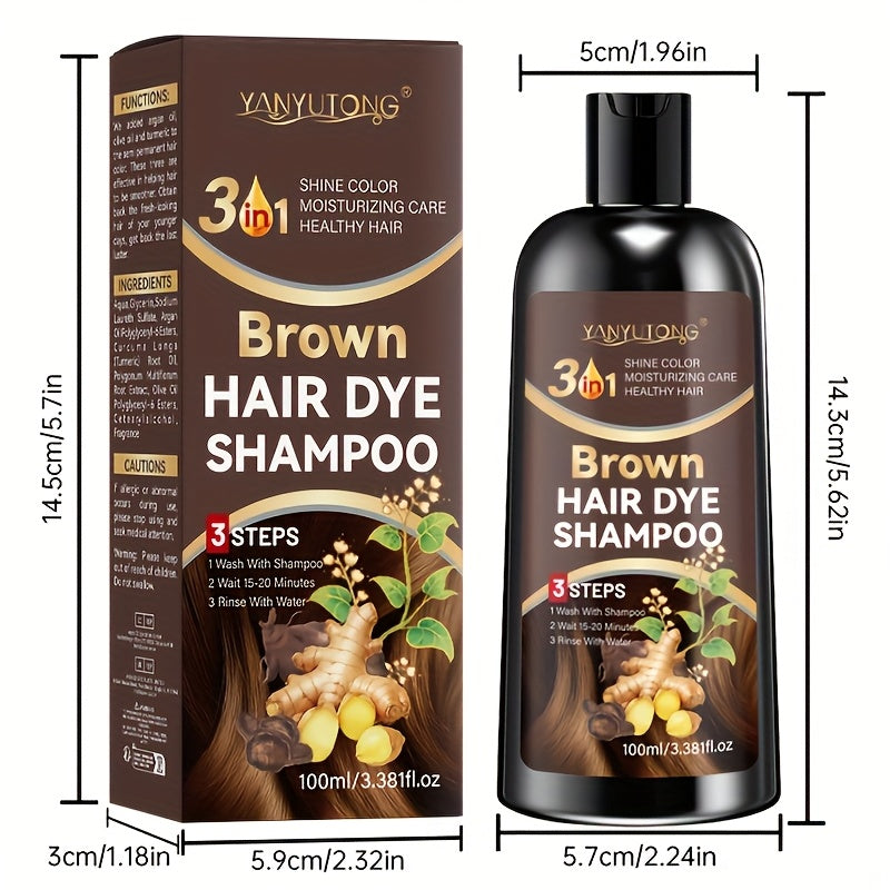 Set of Two, 3.38oz Brown Hair Dye Shampoo Enriched with Plant Extracts, Featuring Polygonum Multiflorum And Ginger Extracts, Provides Deep Moisture, Tames Frizz, Quickly Conceals Gray Hair, Gentle on Hair, Offers Long-Lasting Color