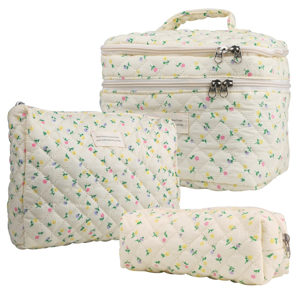 Large Capacity Dual Layer Cotton Makeup Cosmetic Bag (3PCS), Cute Quilted Travel Coquette Aesthetic Floral Make up Bag for Women Toiletry Bag (Blue Rose)