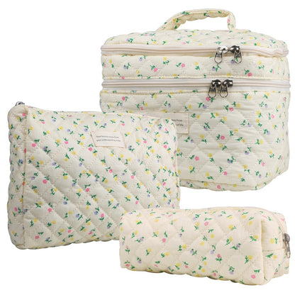 Quilted Floral Makeup Bag Set 3PCS Large Capacity Dual Layer Cotton Cosmetic Bag Coquette Aesthetic Travel Toiletry Bag for Women Girls Blue Rose Pink Floral
