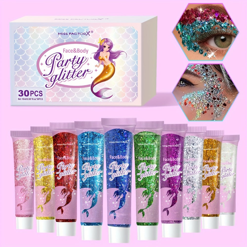 30pcs/box Face Glitter, Body Glitter, Transparent White Glitter Gel, Hair Glitter Gel, Various Shapes Colorful Glitter, Mermaid Sequin Makeup, Face Painting, Women'S Thick Shiny Glitter Gel Gift Se