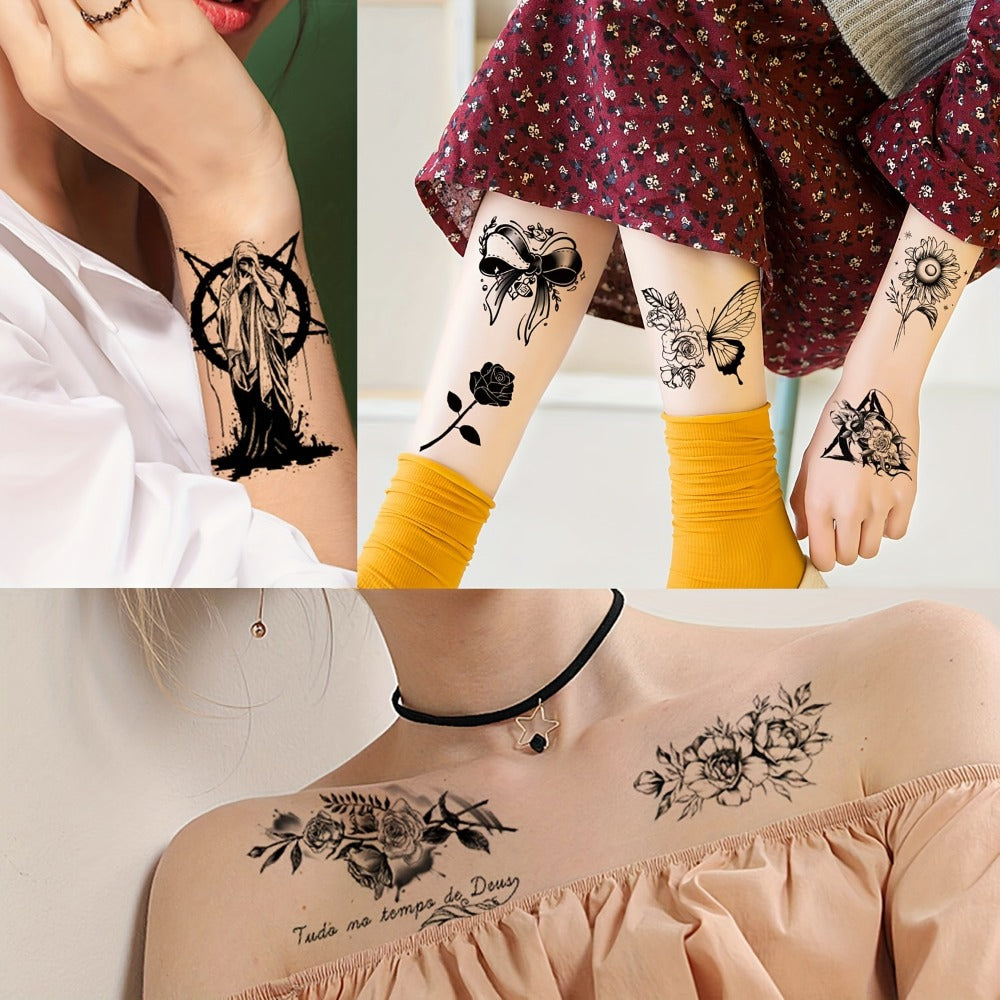 GLARYYEARS Temporary Tattoo for Women, 44-Pack Large+Small Size Realistic Flower Tattoos, Long-Lasting Fake Tattoo Stickers, Cool Black Body Half Arm Tattoos, Butterfly Snake Tattoo Design