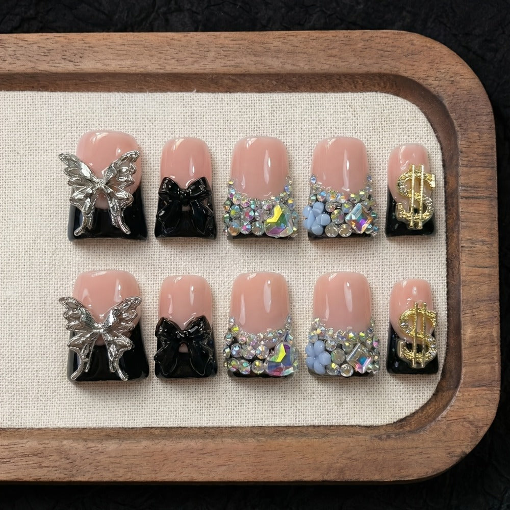 10pcs Handcrafted Press-On Nails Set, Black And Nude Duckbill Shape, Medium Length, Glossy End with Colorblock, Glitter, AB Rhinestones And Liquid Metal Butterfly Accents, Perfect for Parties, Daily Wear And Birthday Gifts