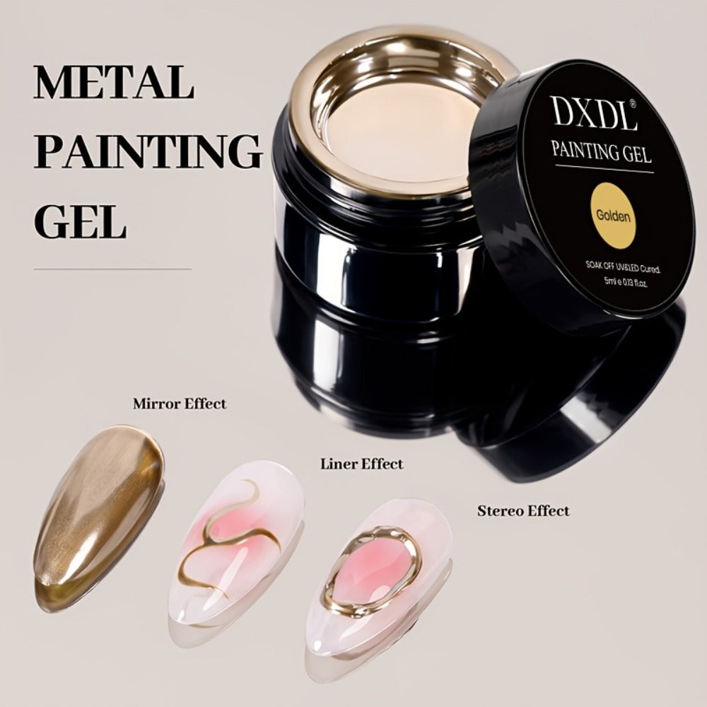 DXDL 2pcs 0.17oz Metallic Painting Gel Nail Polish Set, 3D Chrome Mirror Effect, Silvery And Golden Painting Gel Line And French Nail Art, Soak Off Painted Drawing Liner Design for Salon Nail Art Manicure Home