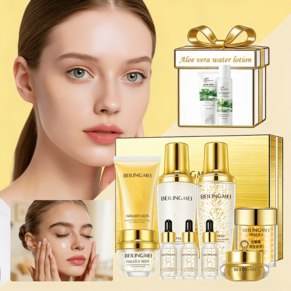 9pcs Golden Luxury Skincare Set, Contains Niacinamide & Collagen for Moisturizing & Firming Face, Choice for Women's Daily Facial Care Premium Gift Kit, Birthday, Holiday Gifts