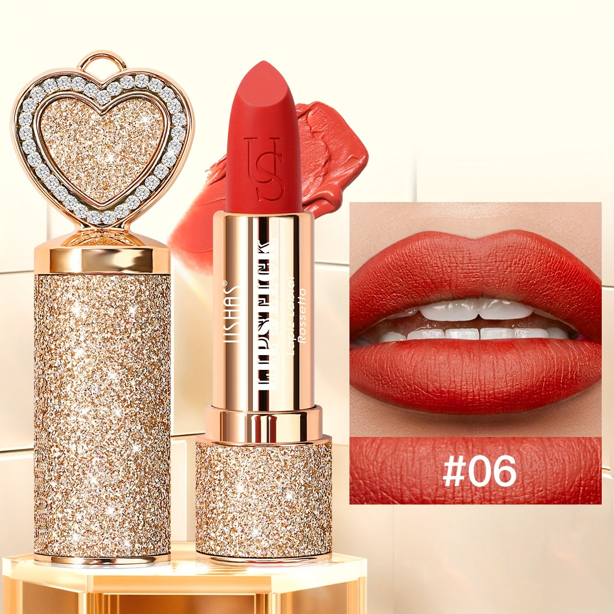 Matte Lipstick Heart-Shaped Design USHAS 24H Long-Lasting Velvet Lip Color Transfer-Resistant Buildable Coverage Highly Pigmented Smooth Application All-Day Wear Multi-Color Options