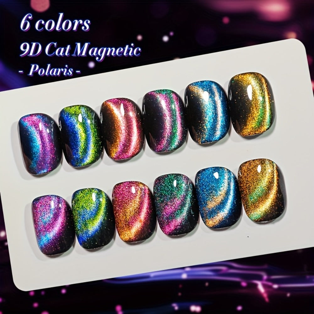 Cat Eye Magnetic Gel Nail Polish 6 Colors — 9D Polaris Glass Water Light Effect, Semi-Permanent Soak Off LED Gel, 0.34oz Each | BORN PRETTY Nail Gel Set