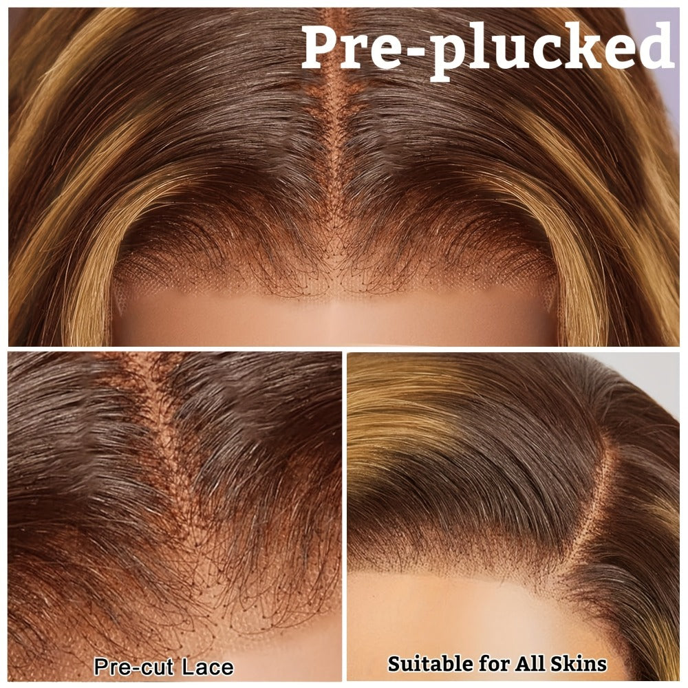 Lace Front Wig Human Hair 13x4 HD — Honey Blonde Ombre Body Wave Pre-Plucked Brazilian Bob Wig with Baby Hair, Glueless Gradient Color Loose Wave Wig for Women