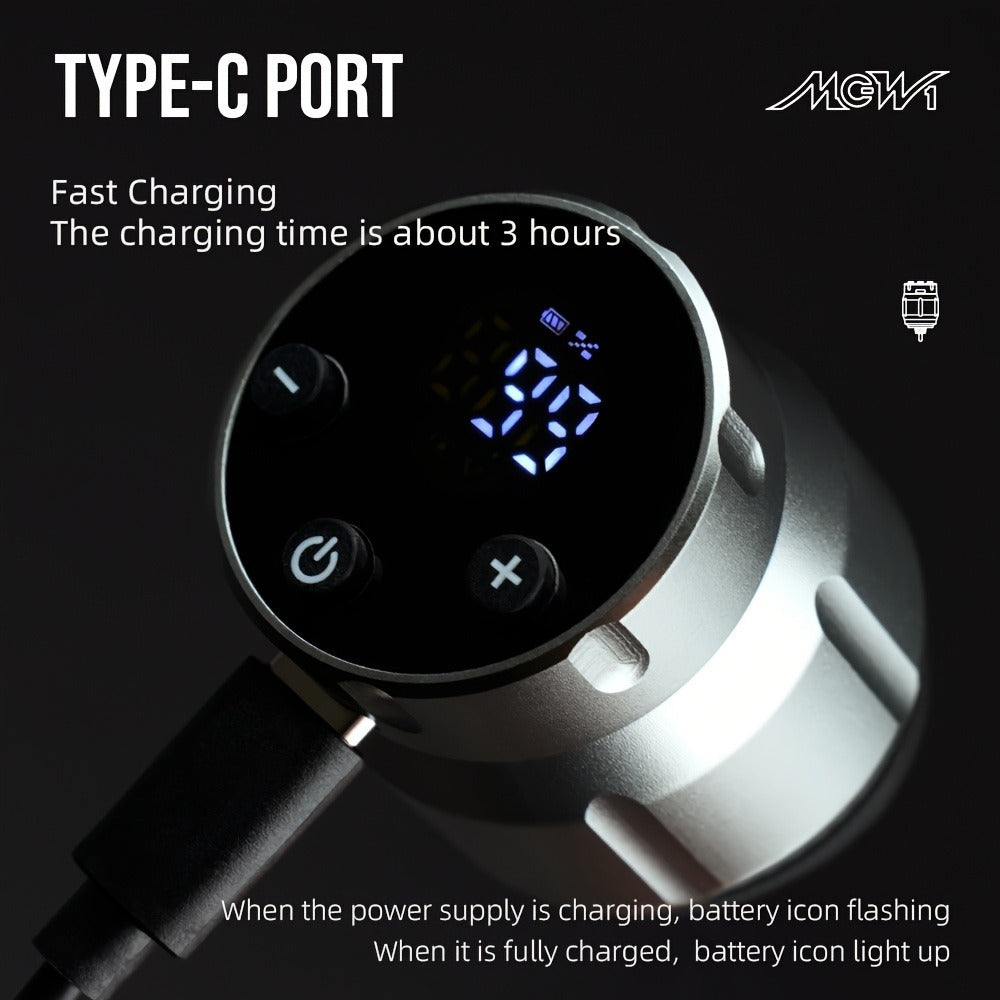 Wireless Power Supply for Tattoos, Featuring a Portable Rechargeable Motor Without Cords, Equipped with an LED Digital Display And RCA Connector, Designed for Rotary Tattoo Machines And Makeup Tools
