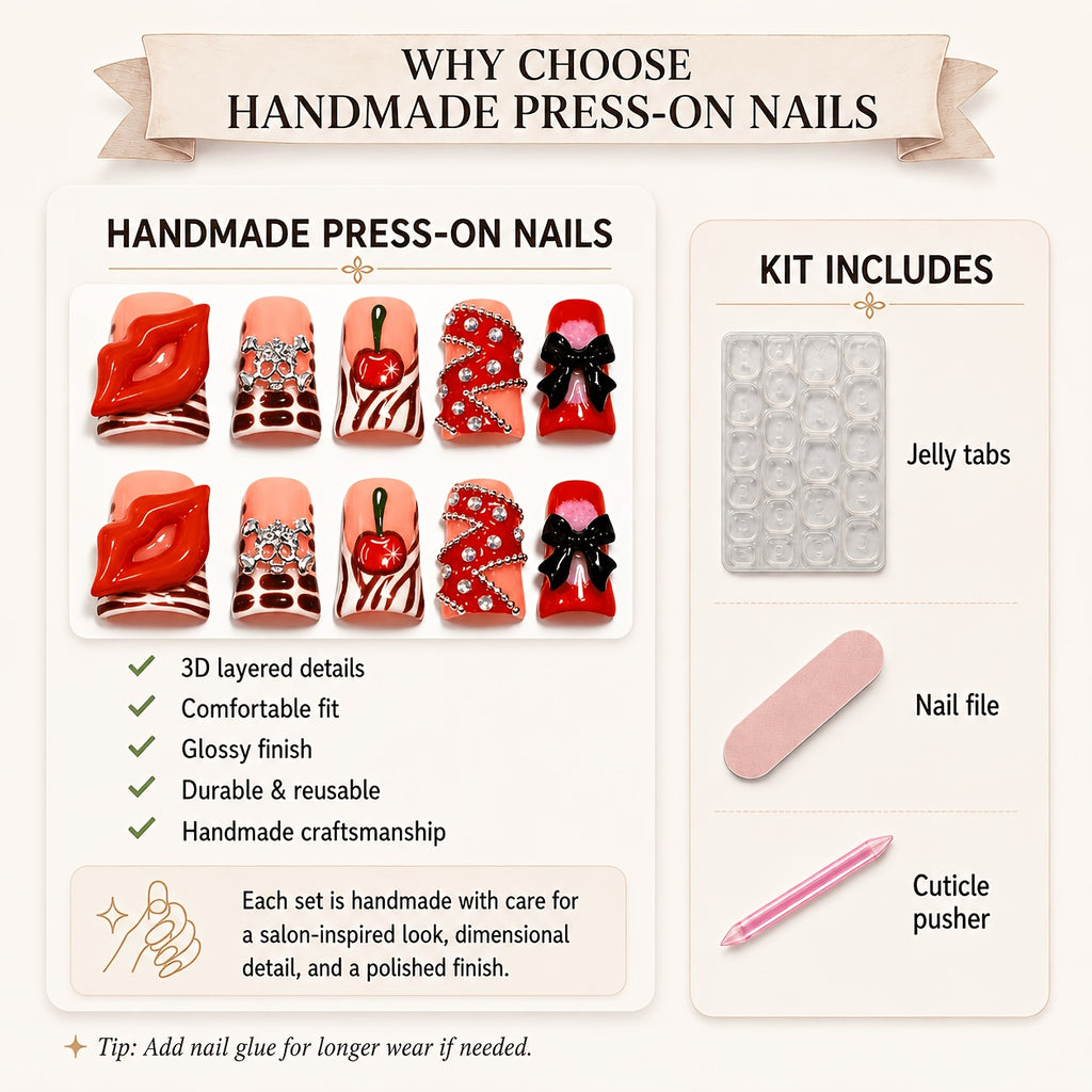 10pcs Handmade Duckbill Acrylic Press On Nails With Shiny Crystals, Bows, And Cherry Accents, Features Red And Pink French Tip Style, Suitable For Women And, Party And Daily Wear, Including Tools, An Ideal Gift. Spring Nails