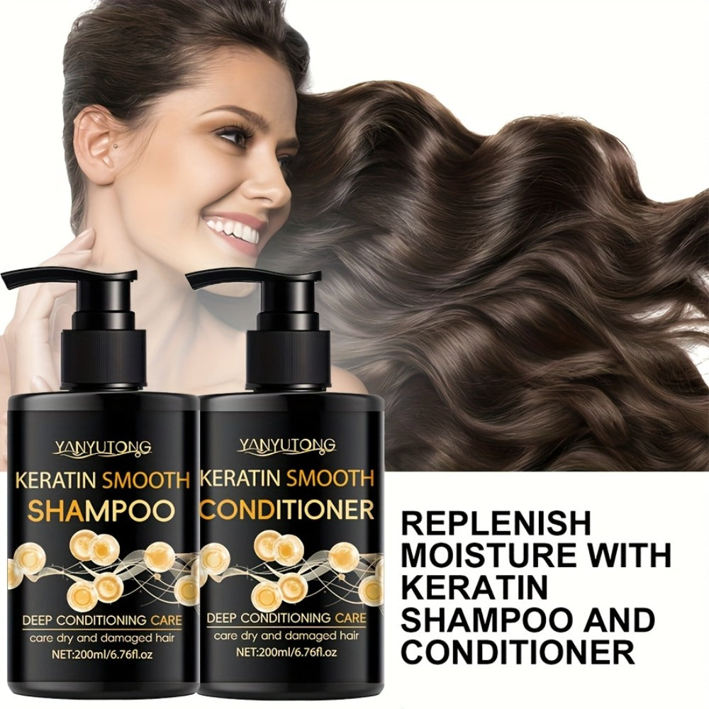 Keratin Shampoo & Conditioner Hair Care Set Moisturizes Scalp Repairs Breakage Splits for Color-Treated Heat Damaged Hair All Hair Types 200ml Each