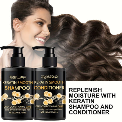 Keratin Shampoo & Conditioner Hair Care Set Moisturizes Scalp Repairs Breakage Splits for Color-Treated Heat Damaged Hair All Hair Types 200ml Each