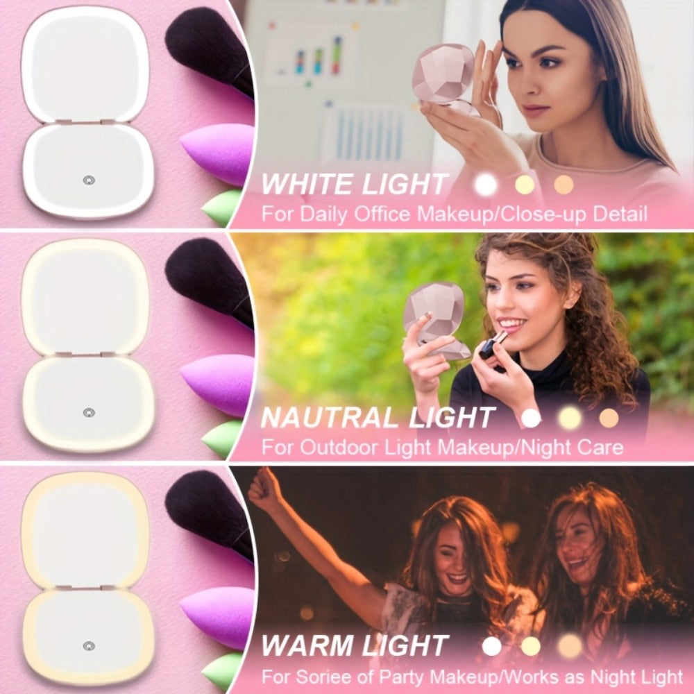 1X/5X Magnification 3 Colors LED Light Compact Travel Makeup Mirror with Light, One Side Magnifying Mirror And One Side Normal Mirror, Travel Portable for Purse And Travel Office Gift, Suitable for Makeup And Dressing Table.