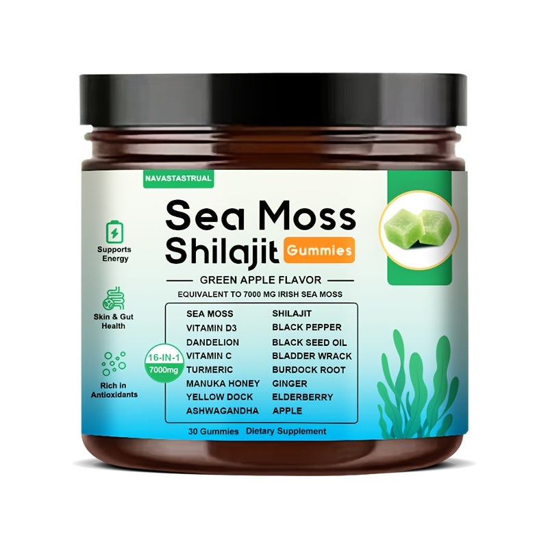 30 Gummies, 16-in-1 Sea Moss+Shilajit Gummies, Plant-Based Formula with Sea Moss, Shilajit, Turmeric, Ashwagandha & Black Seed Herbal Supplement, Immune Support, Digestive Health, Daily Wellness, Green Apple Flavor, Christmas Gift for Men And Women