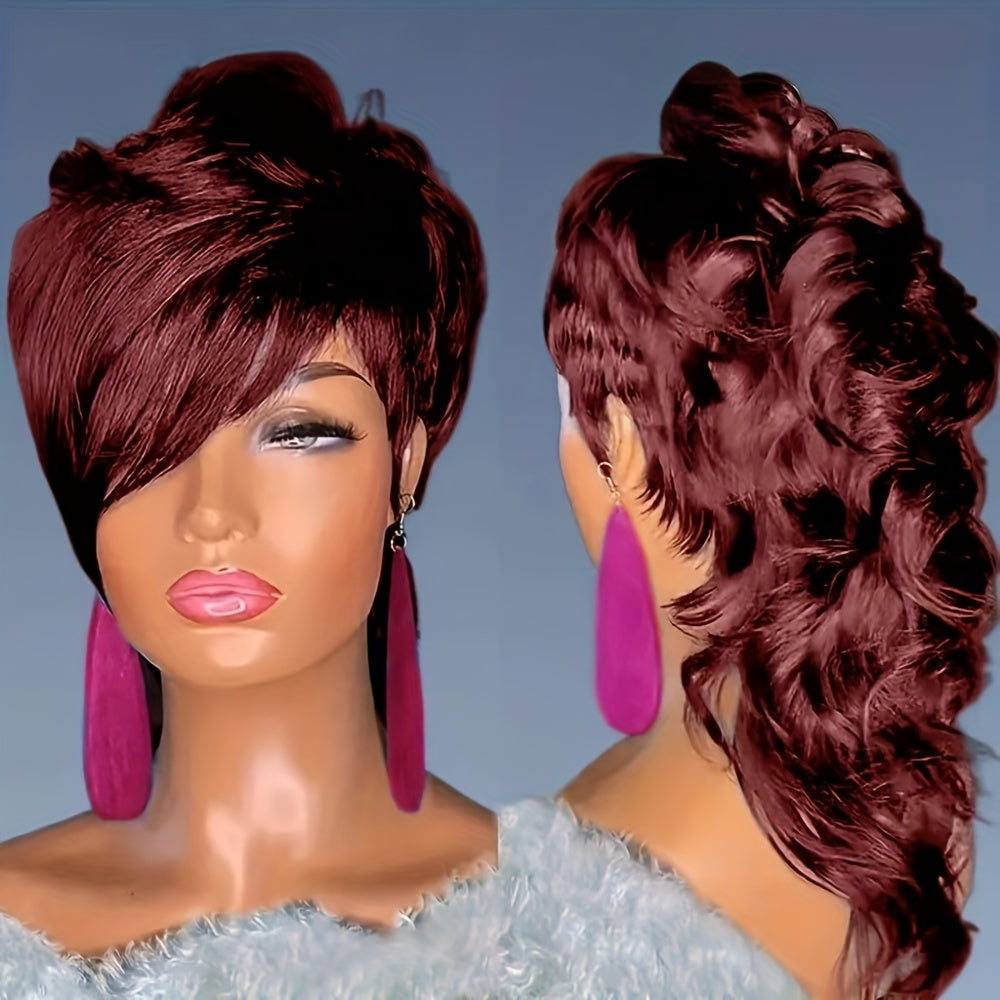 Pixie Cut Mullet Wig with Bangs for Women Curly Wave Synthetic Short Hair Wig 150% Density Rose Net Cap Heat Resistant Fiber Natural Realistic Look Low Maintenance