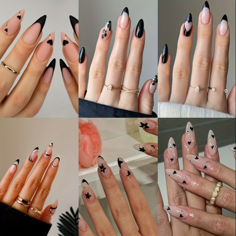 144pcs Pink Press On Nails Short Almond - Flower Small Flowers Fake Nails Rhinestone Press Ons Black French Nail Tip Glue On Nails with Cute Design Full Cover False Nails Stick On Nail Acrylic Nail Art Kit
