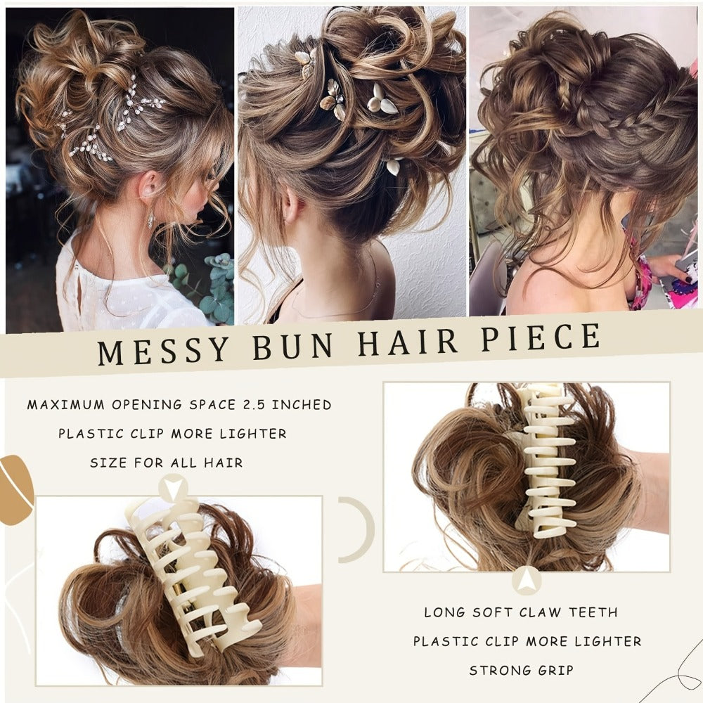 Messy Bun Hairpiece Claw Clip Curly Wavy Synthetic Hair Extension Updo for Women 6 Inch Multi-Color Easy Style No Heat Instant Bun Hair Piece