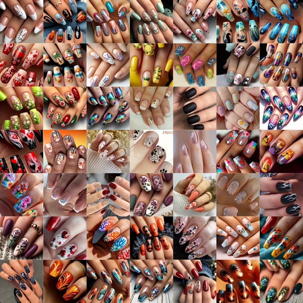 216pcs (9 Sets) Random Press on Nails Stylish And Christmas Bracelets Mixed Color Glossy End Middle Length Ideal for Women And Nail Art Essentials Glamorous Look Rhinestone Embellishments False Nails for Manicure