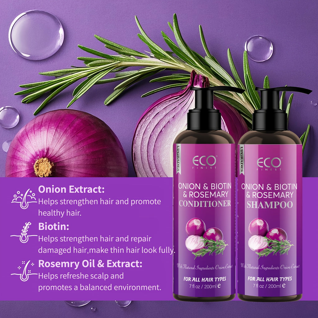 Onion Biotin And Rosemary Shampoo & Conditioner Set, Natural Hair Moisturizer with Onion Extract, Rosemary, Biotin & Jojoba, Nourishing, Strengthening & Healthy Hair, Remove Loose Dandruff Flakes, Smoothing Shampoo for Dry Rough Hair, Free