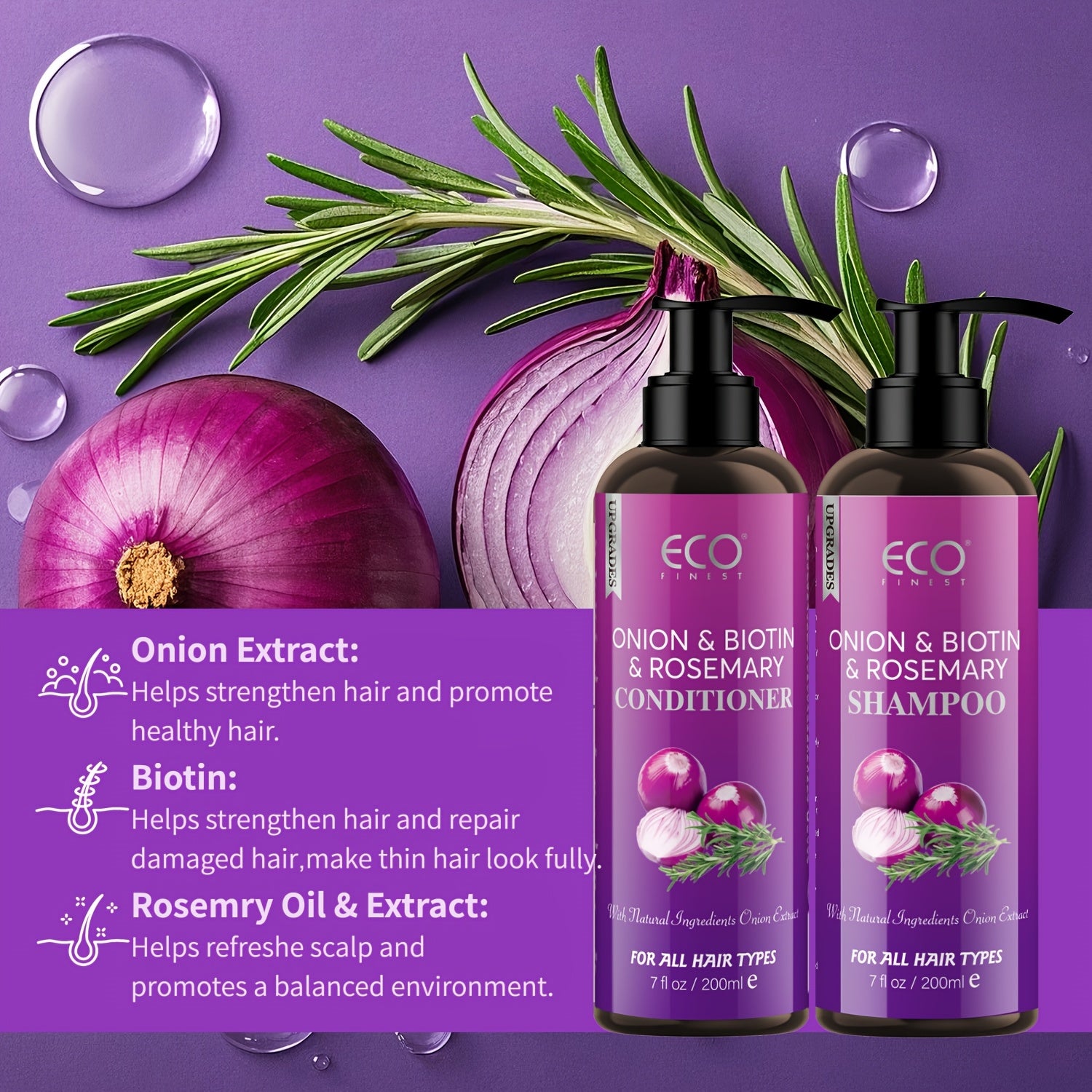 Onion Biotin And Rosemary Shampoo & Conditioner Set, Natural Hair Moisturizer with Onion Extract, Rosemary, Biotin & Jojoba, Nourishing, Strengthening & Healthy Hair, Remove Loose Dandruff Flakes, Smoothing Shampoo for Dry Rough Hair, Free