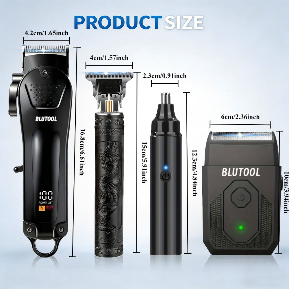 4pcs Professional Barber Clippers and Trimmer Set | Nose Hair Trimmer, Detail Trimmer with Guide Comb, LED Display, USB Powered, Rechargeable Battery, ABS Plastic Housing, Ideal Gift for Husband/Boyfriend/Elders, Home & Travel Use