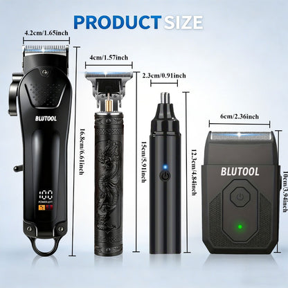Professional Barber Clipper & Trimmer Set 4-Piece — Hair Clipper, Nose Hair Trimmer & Detail Trimmer with Guide Comb, LED Display, USB Rechargeable, Home & Travel Grooming Gift for Men