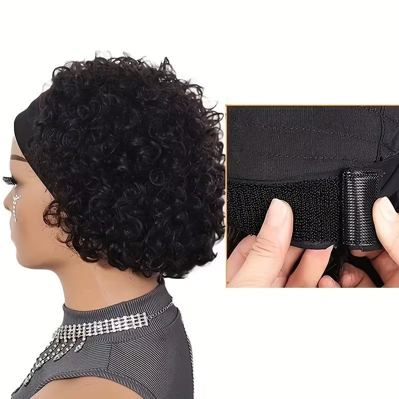 Brazilian Human Hair Wig Suitable for Skin Tones - 150% Density Kinky Curly Headband Wig with Natural Short Curly Hair, No Glue/Gel Application, Instant Volume for Beginners, for for Cosplay, Halloween & Daily Wear