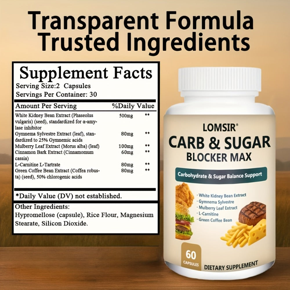 Carb And Sugar Blocker Max with White Kidney Bean Gymnema Sylvestre Mulberry Leaf L-Carnitine Carbohydrate And Sugar Balance Support Suitable for Men And Women - 60 Capsules