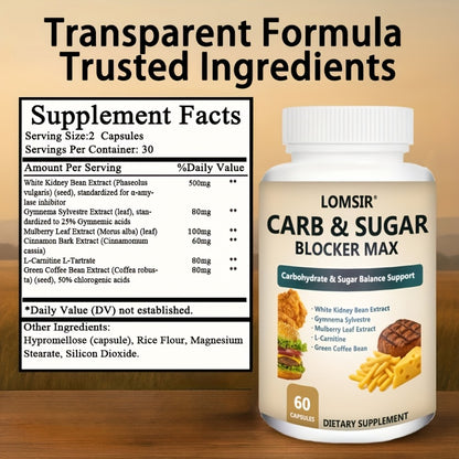 Carb & Sugar Blocker Supplement with White Kidney Bean, Gymnema Sylvestre, Mulberry Leaf & L-Carnitine — Carbohydrate & Blood Sugar Balance Support for Men & Women, 60 Capsules