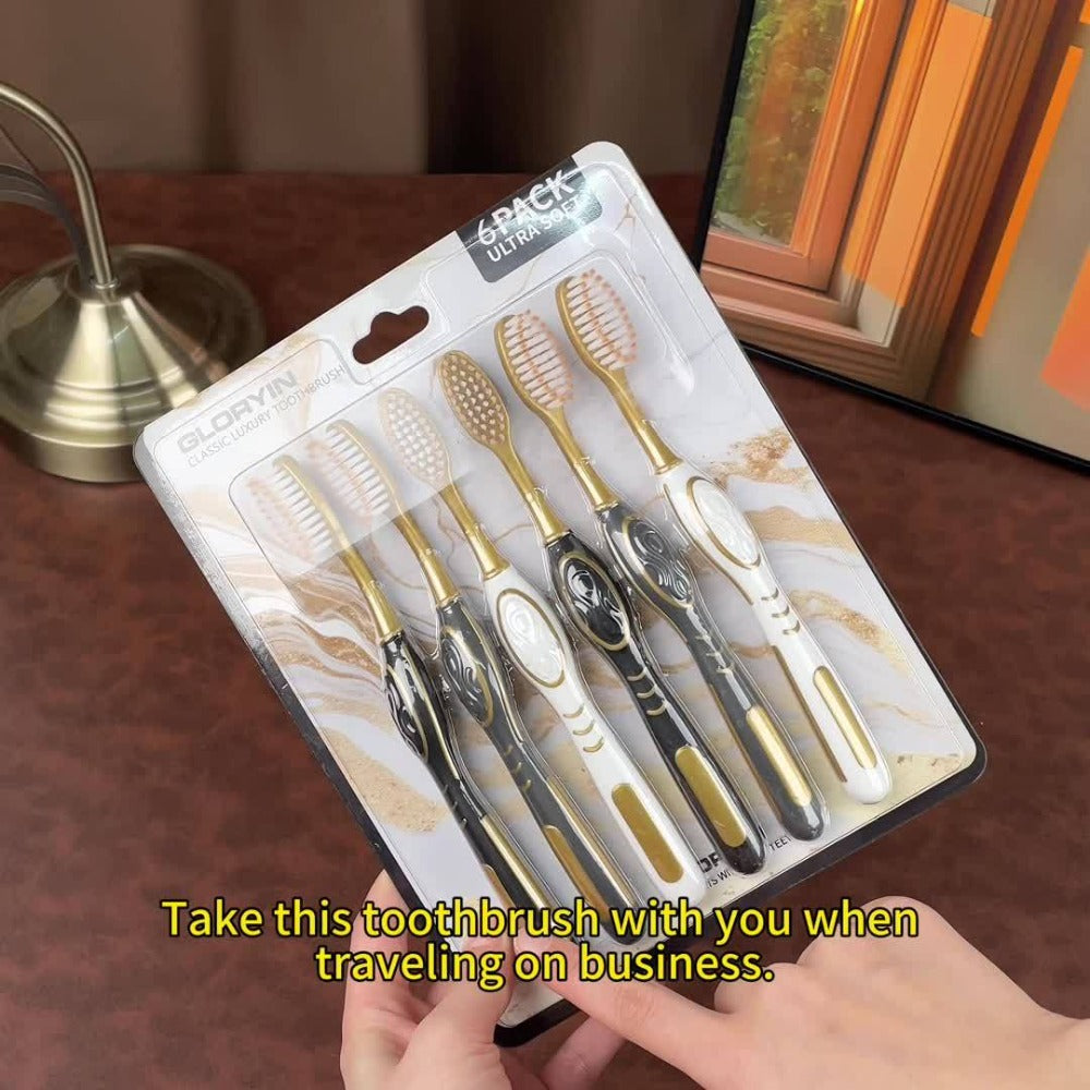 GLORYIN [6pcs Travel Set] [6pcs Travel Set X 2] White Platinum Series Olive-shaped Anti-slip Handle Travel Essential Household, Adult, Couple, Soft Bristle Toothbrush.