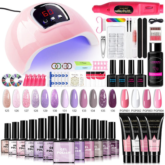 New Year 12 Colors Gel Nail Polish Kit with Nail Lamp Electric Nail Drill, 4 Colors Poly Extension Gel Nail, Nail Cutter, Nail Glitter, Top Coat Base Coat, Nail Art Design Gel Kit Valentine's Day Gift