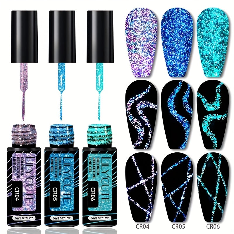LILYCUTE 0.17oz 3pcs/Set Colorful Reflective Line Gel Nail Polish Super Bright Sparkling Glitter Ultra-thin Pull Line Drawing Painting Nail Art Graffiti Stripe Gel