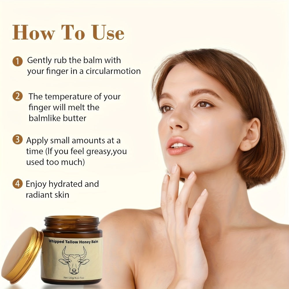 Grass Fed Beef Tallow Balm Suitable for Face & Body - Natural Whipped Moisturizer Cream with Honey, Unrefined Grass-Fed Beef Formula, Non-Greasy Hydration for Sensitive Skin, Nourishing for Dryness, Men & Women