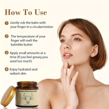 Beef Tallow Balm for Face & Body 4oz - Whipped Grass-Fed Tallow Moisturizer with Honey, Natural Non-Greasy Skin Nourishing Cream for Dry & Sensitive Skin, Unrefined Formula for Men & Women
