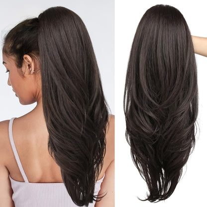 Drawstring Ponytail Extension for Women Synthetic Clip In Wrap Around Pony Tail Long Wavy Layered 26 Inch Blonde Brown Ash Brown Highlighted Multi Color No Glue No Heat